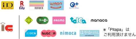 Kitaca/Suica/Pasmo/Toica/Manaca/Icoca/Sugoca/Nimoca/Hayakaken/nanaco/waon/r-edy/quicpay/id
